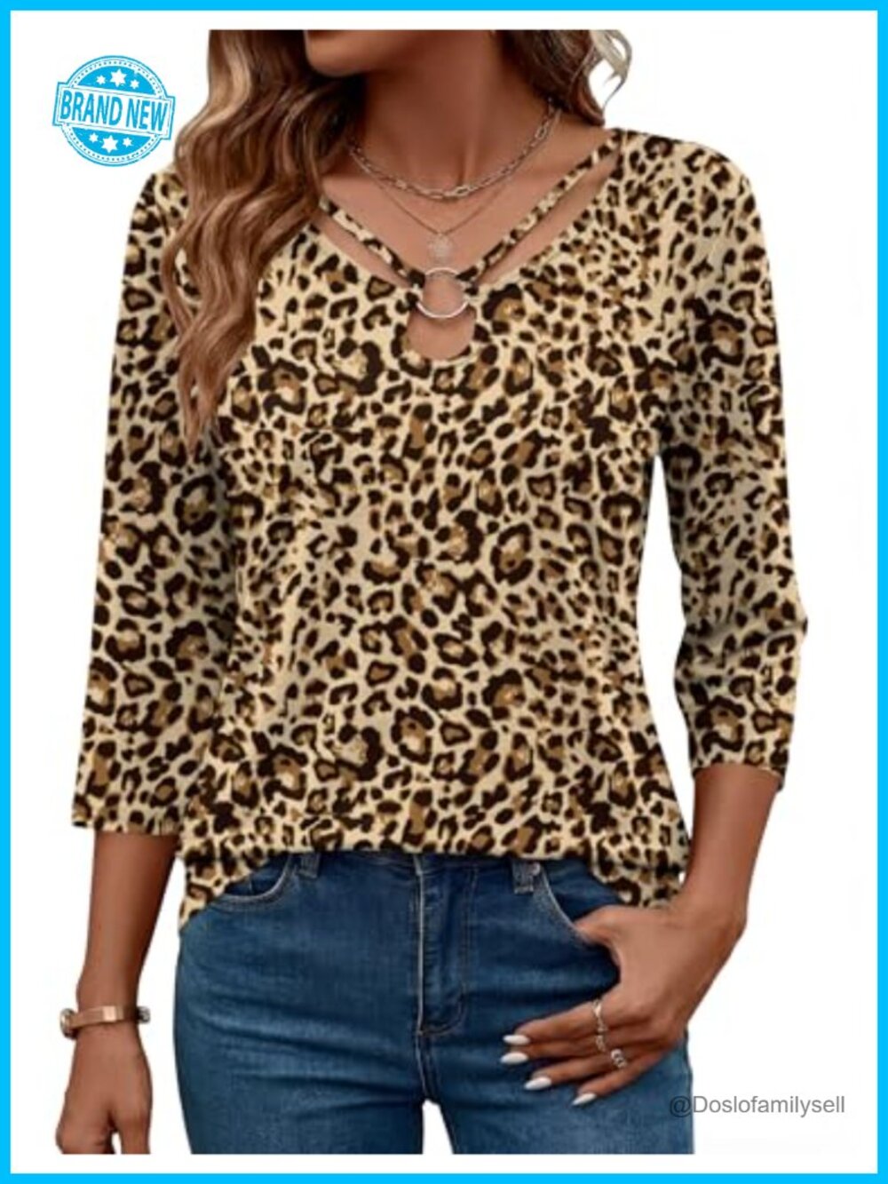 Women's 3/4 Sleeve V-Neck Keyhole Top Casual Dressy Tunic Shirt